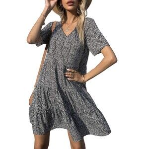 Babydoll Boho Short Sleeve Dress Lightweight Lined Tiered Oversized
